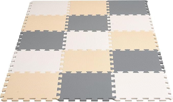 VEVOR 16-Tile Kids Play Mat, 0.4" EVA Foam, 12" x 12" Puzzle Mat, Interlocking Mats for Play Room, Nursery, Living Room, Camel, Gray, Beige