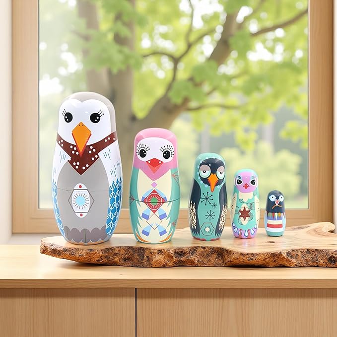 7" Russian Nesting Dolls, Handmade Wooden Matryoshka Dolls with Cute Bird Patterns, Animal Stacking Toys for Kids, Birthday Gift & Home Decoration