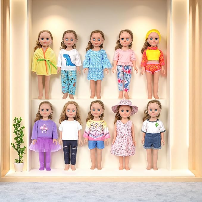 MSYO 10 Sets (19 Pcs) Doll Clothes for 17-18 Inch Dolls, Diverse Outfits (Dinosaur Print, Flamingo Top, Floral Dress) & Casual Wear, Fashion Dress-Up Set for Kids’ Play & Gifting