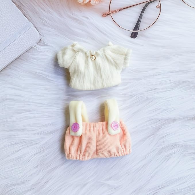 Clothes for Dolls Accessories (No Doll), Cute Outfit Set 3 Pieces Bib Pants Suitable for 15 & 17cm Doll Suit, Stylish Dress Up Overalls Doll Clothing Set Replacement with Hat Clothes Pink