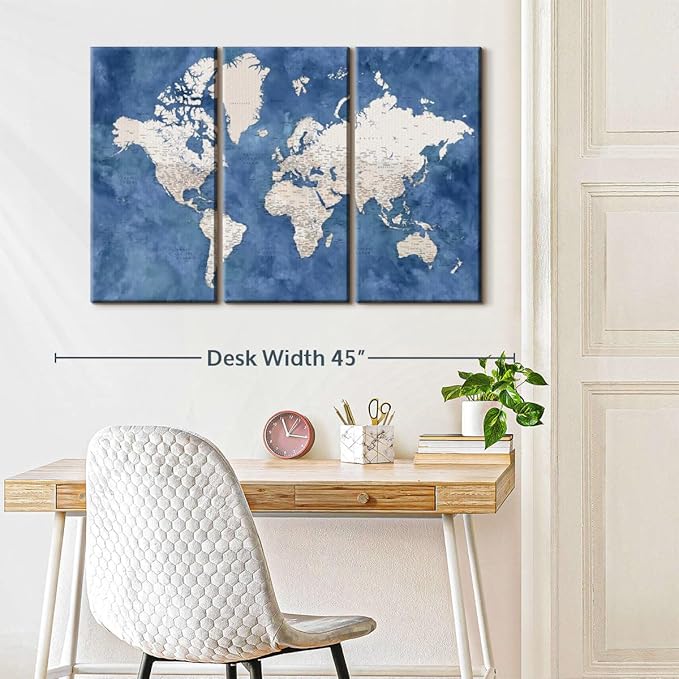 ElephantStock Detailed World Map With Cities I Wall Art - Horizontal Canvas - 3-Piece Living Room Decor - Watercolor Map Canvas Print - Beige and Blue Wall Decor by Blursbyai - 38" X 24"