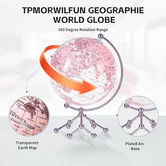 Decorative 8" Pink Earth Globe with Stand – Rotating Desktop Map for Kids, Educational World Globe with Detailed Map for Home, Office, and Classroom