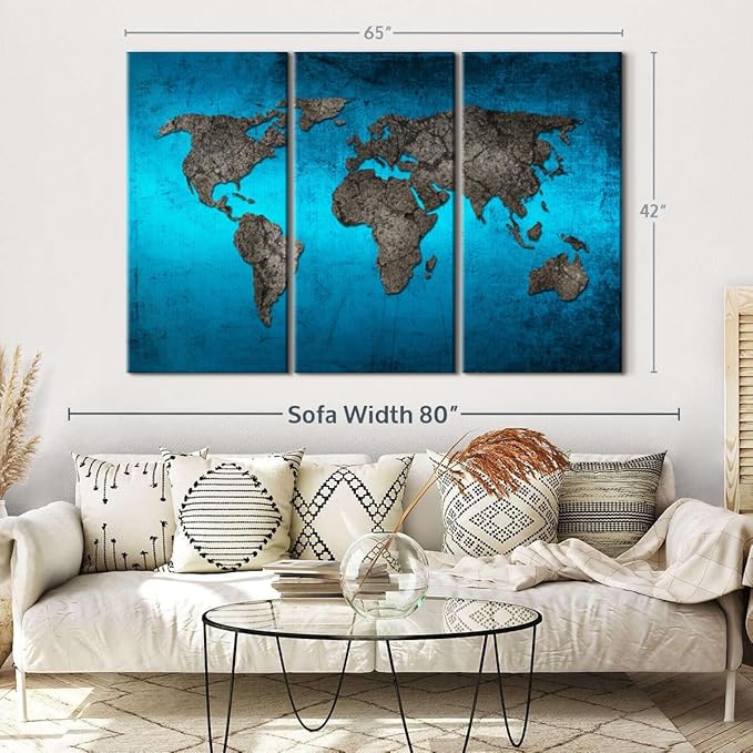 ElephantStock Ocean World Map Multi Piece Canvas - 3 Panel Wall Decor - Map of the World Art - Canvas for the Office and Home - 65" X 42"