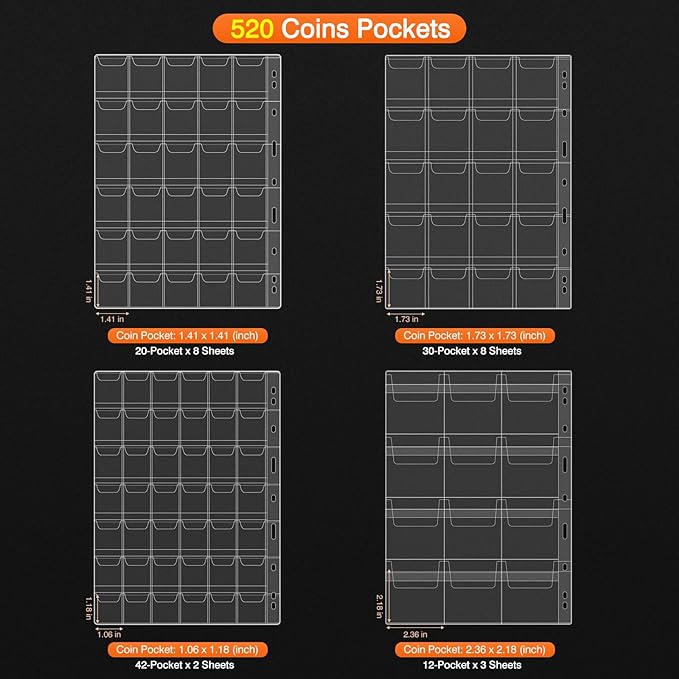 Coin Collection Book with 520 Pockets Coin Holders, Coin Albums for Collectors Coin Sleeves-Paper Money Binder Organizer Coins Storage Case with Lock,Collecting Coin Collection Supplies for Bill,Stamp