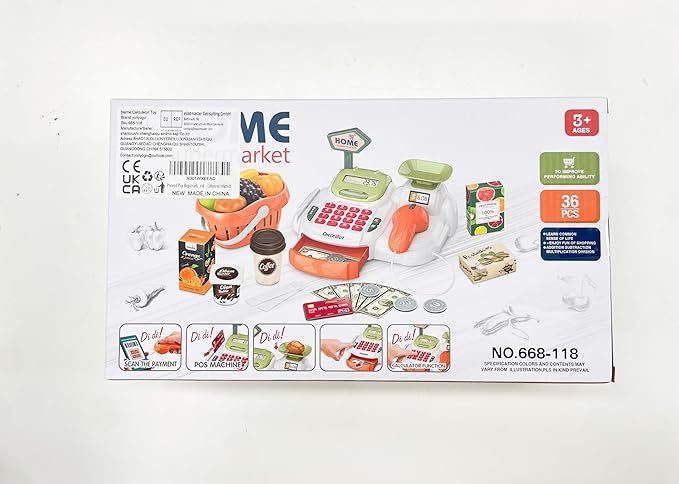 Pretend Play Cash Register Toy with Functional Caculator Cashier Scanner Toy Supermarket with Simulate Food Fruit etc Kids Grocery Store Play Money Food Shop Toy Educational Playset for Kids