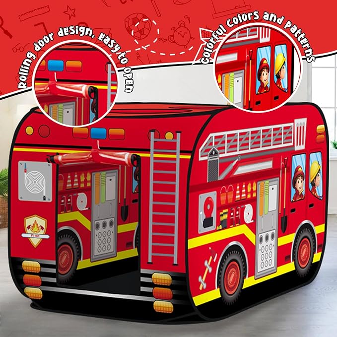 Pop up Play Tent for Kids Aged 1-3 Years Old Boys and Girls : Fire Truck Tent Playhouse Toy Play Tents for Toddlers 3-5 Kids Tent Indoor Outdoor Playhouse Toys for 1 + Year Old, Fire Truck