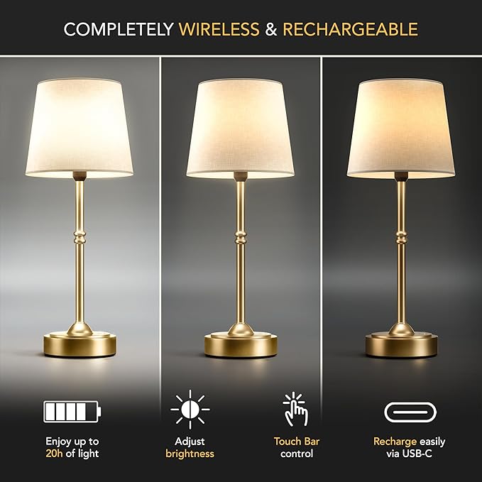 Wireless Table Lamp - Rechargeable LED Desk Lamp with Dimmer, 3 Brightness Levels, Swedish Design for Home, LED Light Bulb Included, for Office, Kitchen or Bedroom (Gold)