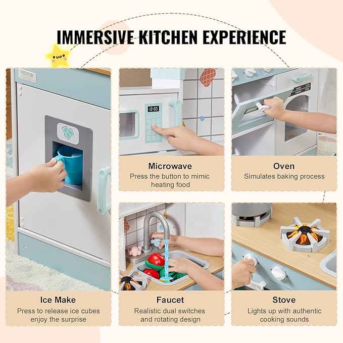 VEVOR Play Kitchen for Kids, Wooden Toy Kitchen Set with Lights and Sounds, Toddler Kitchen with Ice Maker, Oven, Sink, Microwaves, Fridge and Utensil and Fruit Accessory for Toddlers Ages 3-8, White