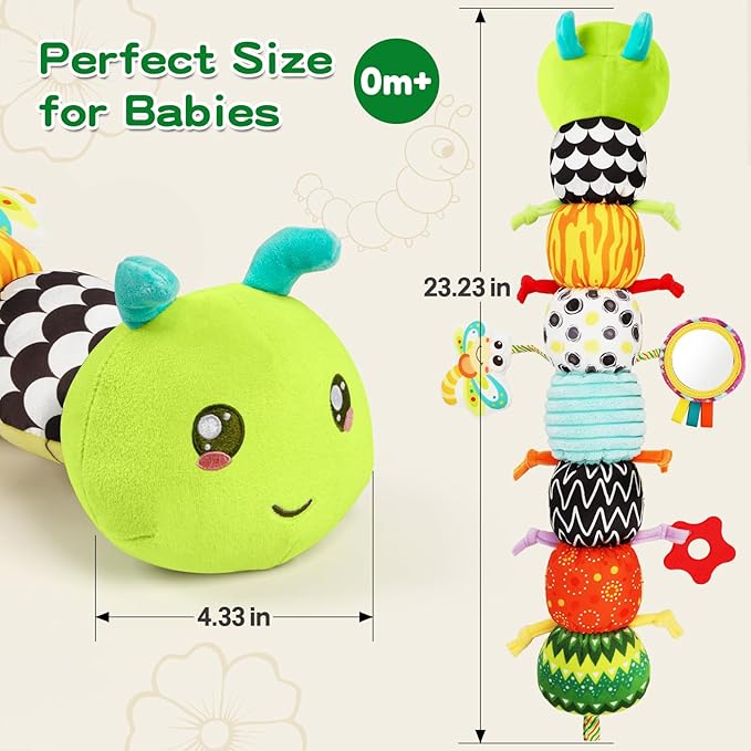 Baby Toys Musical Caterpillar for 0-12 Months, Infant Stuffed Animal with Mirror, Crinkle & Rattle, Tummy Time Toy for Newborn 3 6 9 12 18 Months, for Boys and Girls