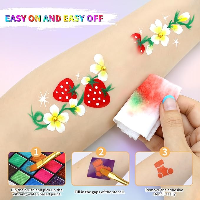 54 Color Face Painting Kit for Kids, Non-Toxic Face Paint Makeup Kit| with Stencil, Guide Book, Easy to Use and Washable Facepaint Makeup Kit for Halloween, Cosplay, School Event