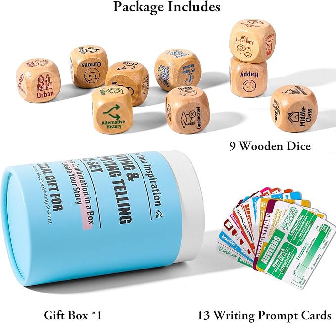 Garybank Creative Writing Prompts Dice Set - Writers Gifts, W/13 Writing Skill Cards - Story Writing/Telling Game for Kids & Adults - Set of 9 Story Cubes for Inspiration - Gifts for Teacher Christmas