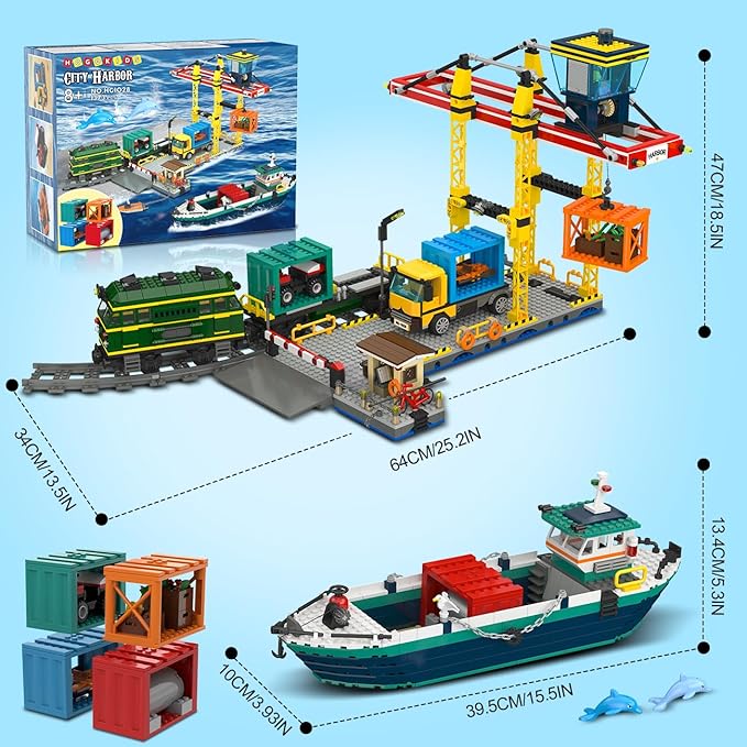 HOGOKIDS City Wharf Building Set with Crane - Includes Ship Train Truck, 4 Containers with Cargo Harbor Building Blocks | Large Construction Toy for for Adults Teens Kids Girls Boys 6-14+（1373PCS）