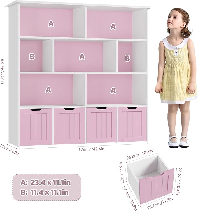 FINETONES Toy Storage Organizer, Kids Bookshelf with 4 Movable Chests and 7 Storage Cubes, Toy Chest Storage with Hidden Wheels, Toy Organizers and Toy Storage, Pink
