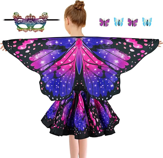Butterfly Costume for Girls Fairy Wings Kids 4 Pcs(Cape,Skirts,Masks,Hair Clips) Butterfly Wings for Halloween Gifts