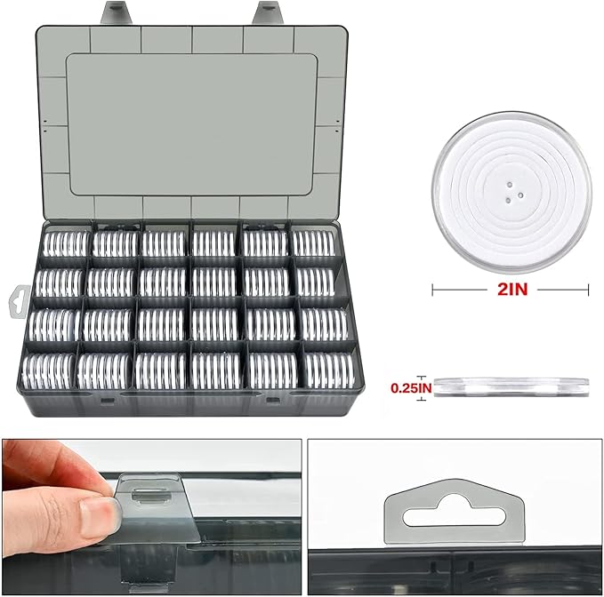 FULLCASE Coin Capsules 46mm with Foam Gasket and Plastic Storage Organizer Box, 6 Sizes (20/25/27/30/38/46 mm) Coins Collector Case Holder for Collection Supplies-168 Pieces(Light Grey)