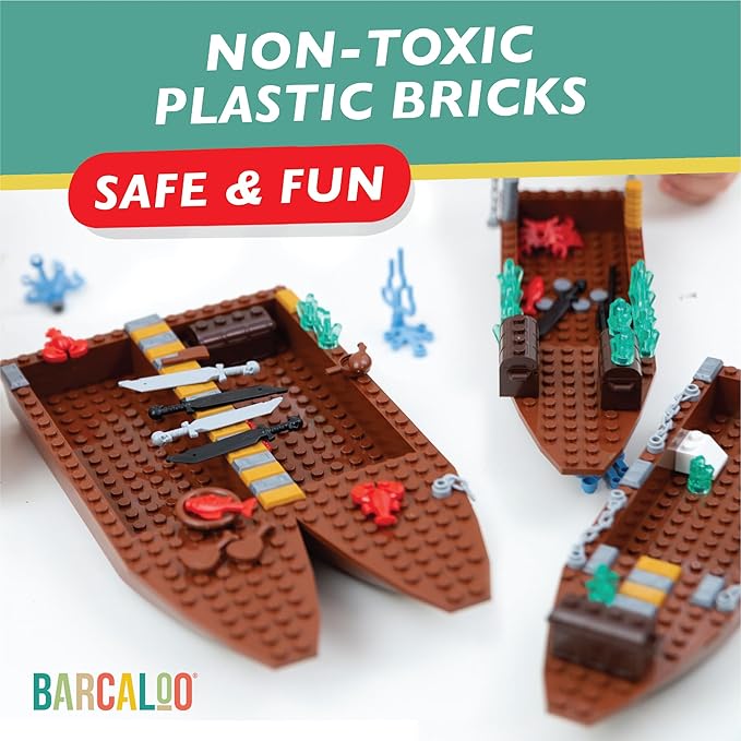 Barcaloo 194 Piece Building Bricks Accessories Kit - Pirate Ship Parts & Pieces Set with Boats, Treasure, Weapons, Plants & Wildlife Parts - Building Block Accessory Set, Compatible with Major Brands