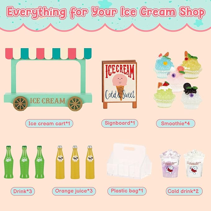 Mini Ice Cream Truck Toy Set with 7 Smoothies & 6 Drink Bottles - Display Case & Wooden Sign for Dollhouse Kitchen, Role Play & Pretend Food