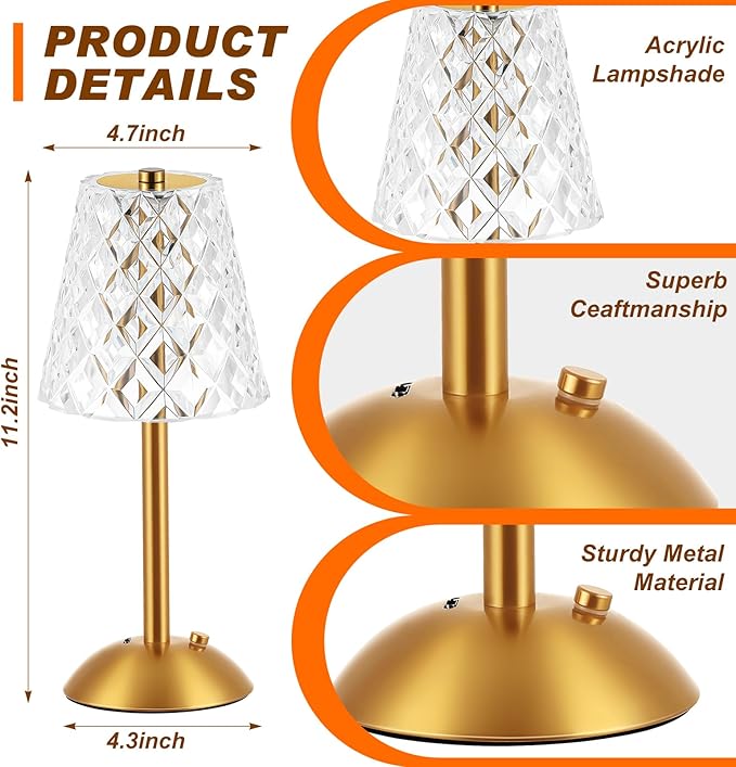 Liliful 2 Pcs LED Portable Cordless Table Lamp Touch Battery Operated Rechargeable Gold Desk Lamp 3 Color Dimmable for Bedroom Living Room Dining (Gold,Diamond Style)