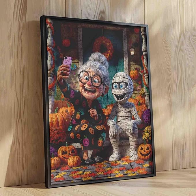 Halloween Funny Grandma Taking Selfie with Mummy 1000 Piece Jigsaw Puzzle for Adults Students 20×27 Inches Cute Autumn Jigsaw with Pumpkins Leaves and Festive Decor Gift for Family Fall
