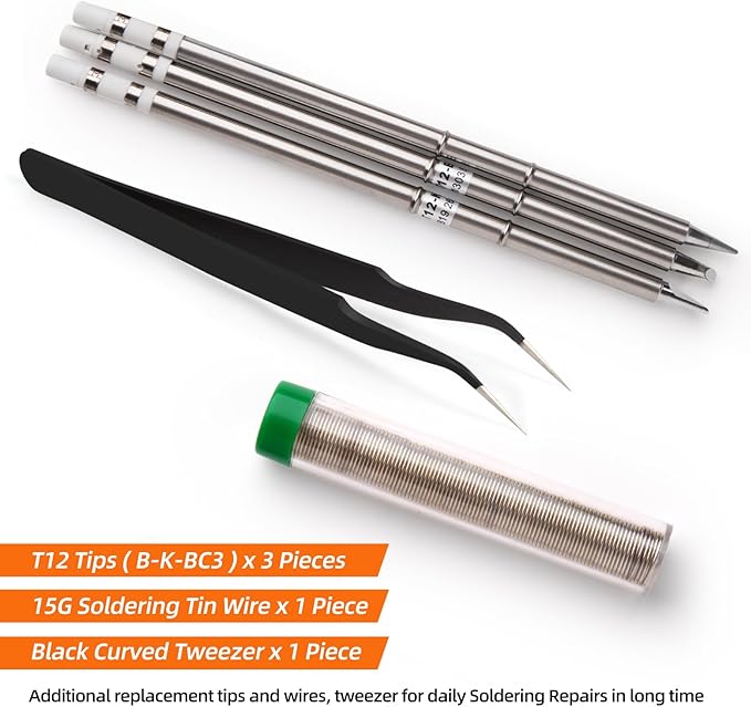 FEITA T12 Soldering Iron Station Kit Tool for Electronics, With 3 solder iron tip, 1 Soldering Wire & Stand, 1 ESD Curved Tweezer, Soldering Machine with Boost, Auto Sleep & Shutdown
