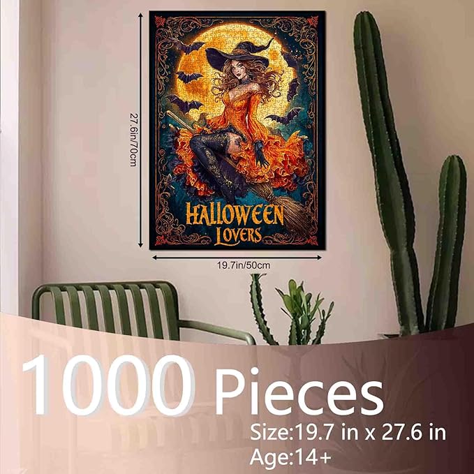 Halloween Witch Puzzle 1000 Pieces for Adults Sexy Witch on Broom Jigsaw Full Moon and Bats Fantasy Halloween Puzzles Fall Decor Fun Challenging Puzzle Gift for Women Men Family Game Nights