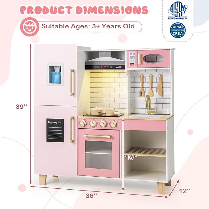 Costzon Kids Kitchen Playset, Wooden Pretend Play Kitchen with BBQ Grill, Ice Maker, Range Hood, Blackboard & Cooking Accessories, Toy Kitchen Set with Lights & Sounds, Gift for Toddlers Ages 3+