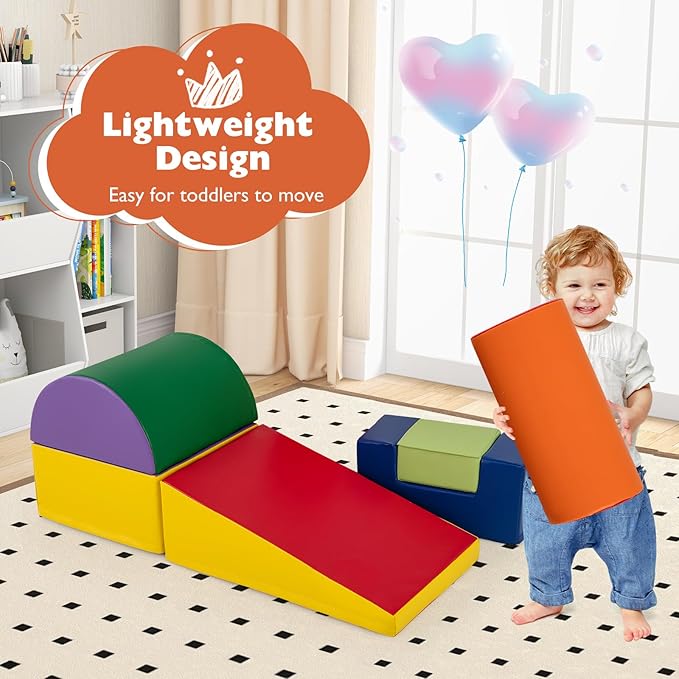 Costzon Toddler Climbing Toys, 6 Pieces Climb and Crawl Playset with PU Cover for Baby Crawling, Climbing & Playing, Indoor Foam Climbing Blocks for Toddlers