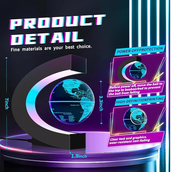 Magnetic Levitating Floating Globe with Multicolor LED Lights, Cool Gadgets C Frame Floating Globe for Office Home Desk Decor, Cool Tech Gift for Men Father Husbands Boys