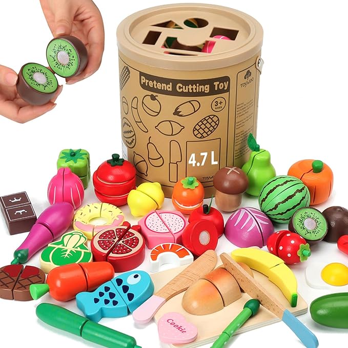 Play Kitchen Accessories, Wooden Play Food, Pretend Kitchen Cutting Fruit Vegetables Toys for Toddlers 3+ Years with Basket, Educational Toddler Toys for Fine Motor Skills, Gift for Boys Girls