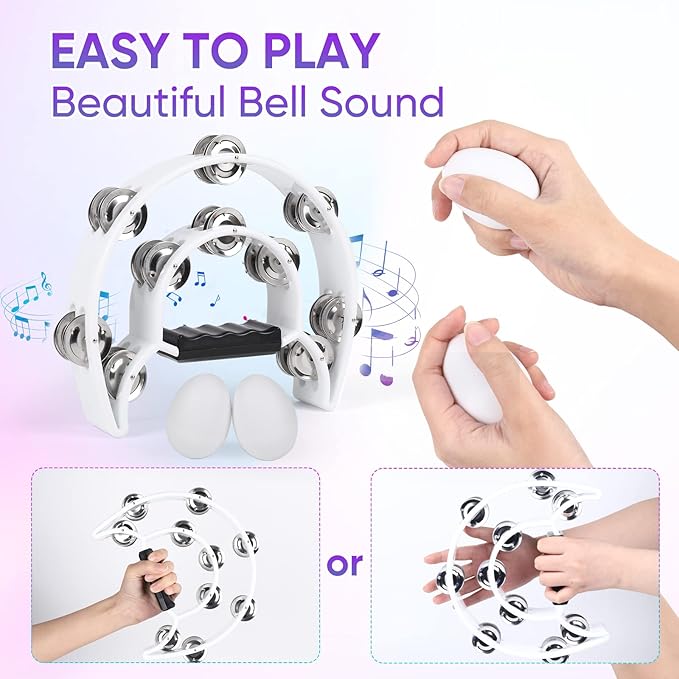 Tambourine Musical Instrument for Adults Church - 10 Inch Half Moon Tambourines with Egg Shakers Double Row Metal Jingles Handheld Percussion Instruments for Dance Party Events KTV (White)