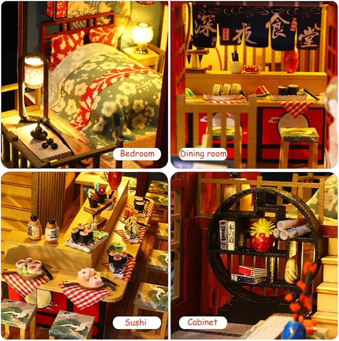 Yuzhen DIY Miniature Dollhouse with Furniture and LED Lights, Japanese Style Wooden Mini-Restaurant Includes Dustcover and Music Movement, Exquisite Home Decor