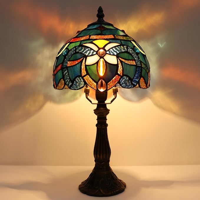 Small Tiffany Lamp Mini Accent Table Lamp Stained Glass Desk Memory Lamp Sympathy 8X14.5 Inch (Blue Baroque Style)