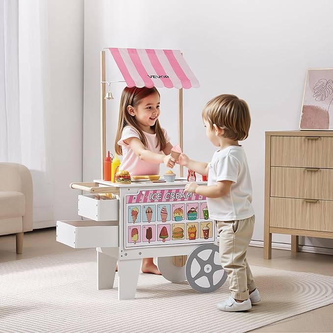 VEVOR Ice Cream Cart for Kids, 20+ PCS Accessories, Pretend Play Ice Cream Shop Kitchen Food Toys with Ice Cream Cone & Popsicle, Awning & Freezer, Storage Drawers & Flipping Menus, for Kids Aged 3-7