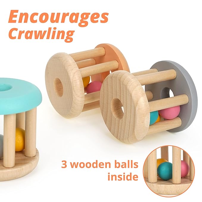 DUCKBOXX XX Montessori Infant Educational Toys, Natural Wood Rolling Rattle Toy, Early Learning Toy for Developing Fine Motor Skills and Color Recognition, for Ages 0m–2yrs (Burlywood Base - 3pcs)