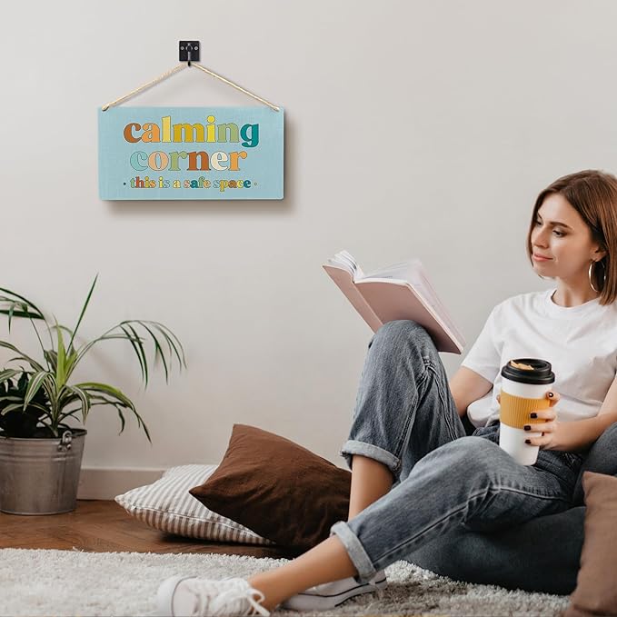 Calming Corner Hanging Wood Sign - Safe Space Decor, Calm Down Corner Blue, 12x6