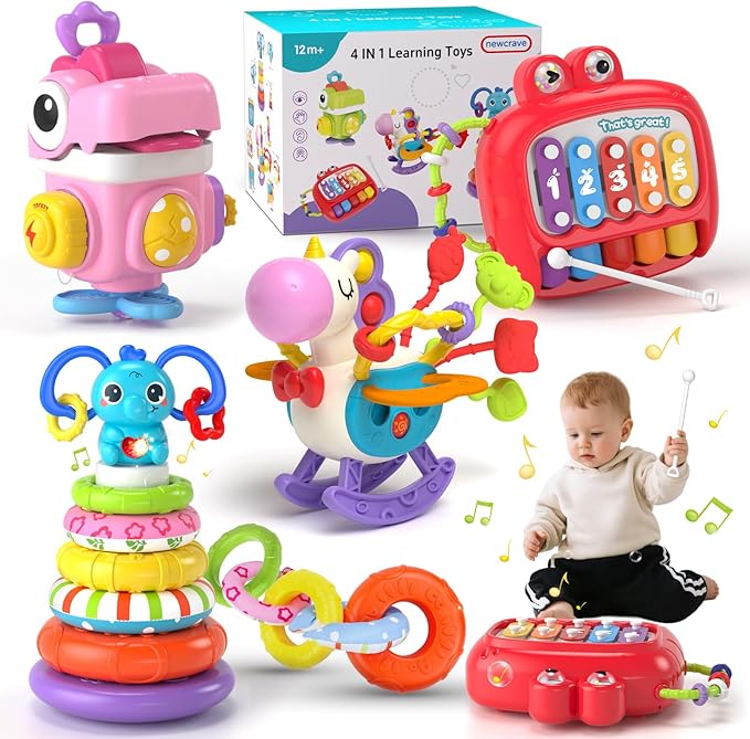 4 in 1 Baby Toys for 6 to 12 Months, Infant Sensory & Stacking for 1+ Year Old, Busy Cube Toys for Babies 12 -18 Months, Piano Xylophone Musical Travel Toys, Christmas Birthday Gifts for 1 - 2 - 3