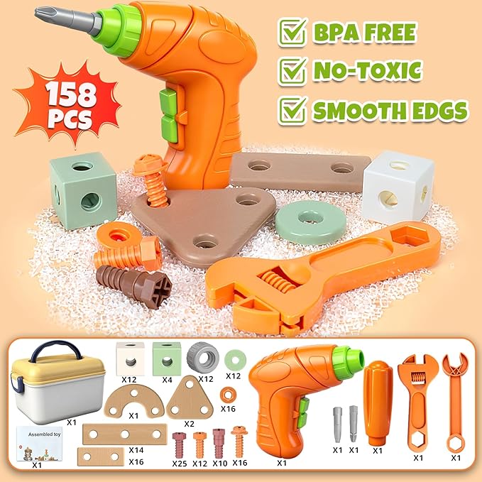YongnKids 158 Pcs Kids Tool Set with Drill, Construction STEM Building Blocks with Storage Box Educational Tool Kit Pretend Play Kid Toy for Kids Age 3 4 5 6 7 8 Years Birthday Gift