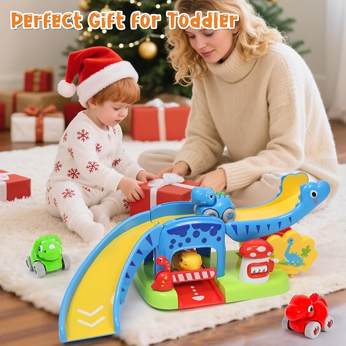 YGJT Toddler Toys for 1-3 Year Old Boys and Girls, Dinosaur Slide with 4 Dino Cars Montessori Toys Set for Baby 12-18 Months, Educational First Birthday Gifts Learning Push Track for Children Ages 1-3
