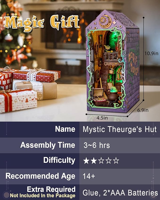 Book Nook Kit Mystic Theurge's Hut, DIY Booknook Kit for Adults Teens, 3D Wooden Puzzle Miniature House Kit with LED Lights, Bookshelf Decor Craft Gift for Family Friends