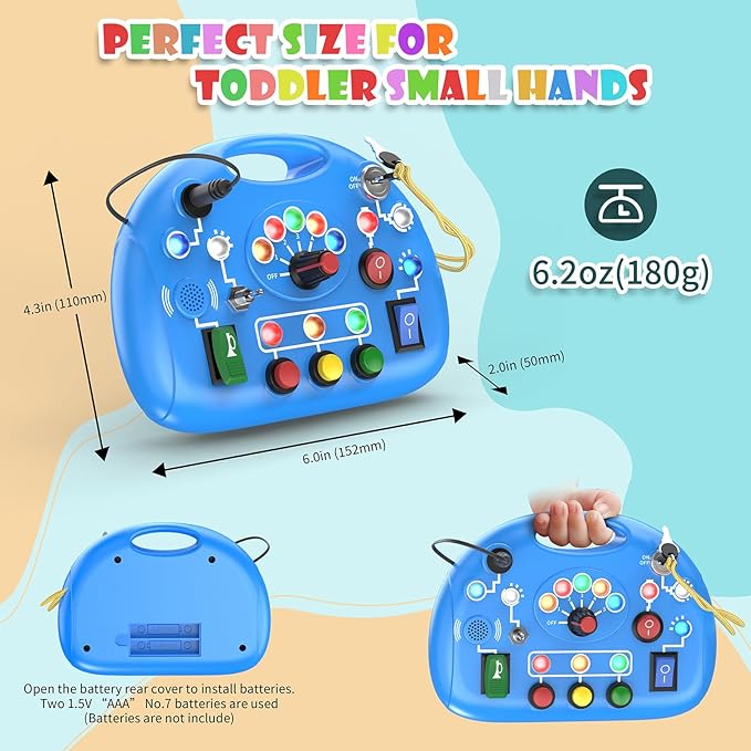 Busy Board with LED Light, Montessori Busy Board for 1+ Year Old, Sensory Toys for Toddlers 1-3, Fidget Board Travel Toys for Kids Preschool Learning Activities Boys Birthday (Blue)