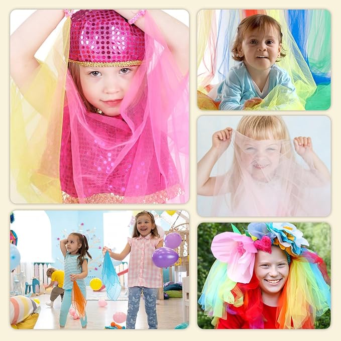 Colovis 30 Pack Dance Scarves,15 Colors Square Juggling Scarf Props Magic Trick Silk Scarves Music Movement Scarf for Kids to Play with, 24 by 24 Inches