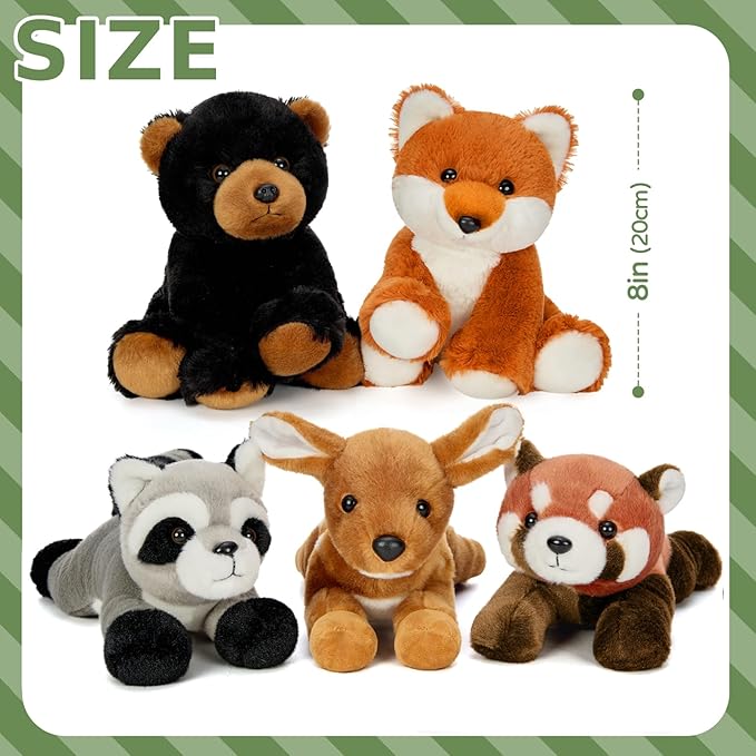 MaoGoLan 8 inch Woodland Stuffed Animals in Bulk for Kids - Bear Deer Fox Raccoon Red Panda Stuffed Plush Toys Set Baby Shower Party Favors Themed Party Decorations Christmas Easter Gifts