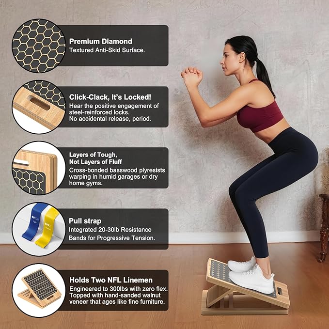 Wooden Slant Board for Calf Stretching, Adjustable Portable Wooden Incline Board with Training Guide, 300 lb. Load Capacity, Physical Therapy Equipment for Legs, Knees, Heels and Ankles