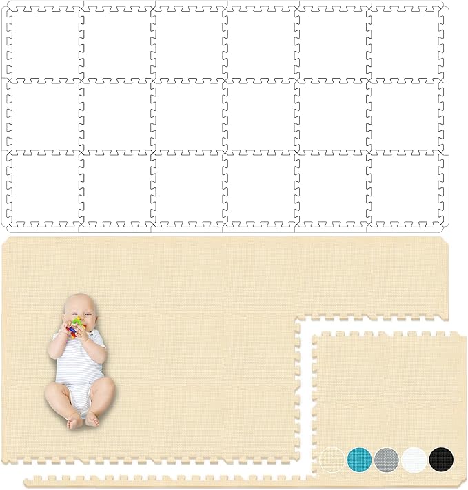Yostrong® 18 Tiles Interlocking Puzzle Foam Baby Play Mat with Straight Edges for Playing - EVA Babies Crawling Mat | Rubber Floor Work Out Mats for Home Gym. Beige. YOC-Jb18S18