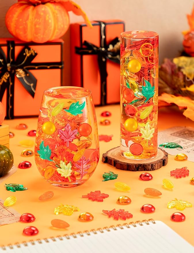 300Pcs Thanksgiving Vases Filler, Mini Acrylic Maple Leaves Corn Gem for Fall Table Centerpieces Decorations