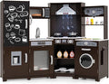 HONEY JOY Corner Play Kitchen, Large Wooden Pretend Toy Kitchen Set w/Lights, Ice & Coffee Maker, Range Hood, Chalkboard, Microwave, Cookware, Little Chef Kids Kitchen Playset for Toddlers (Espresso)