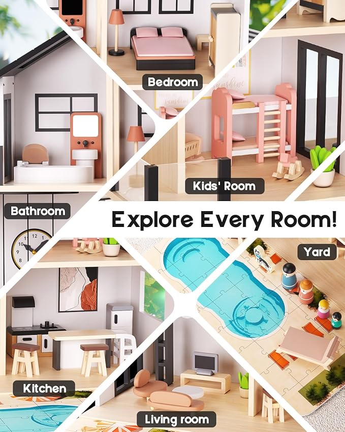 BIERUM Wooden Dollhouse, Large Modern Doll House with 49Pcs Furniture Accessories, Dolls & Pets, DIY Puzzle Pool Yard, Wood Dollhouse Toy for Toddlers 3+, Ideal Gift for Boys and Girls (Black)