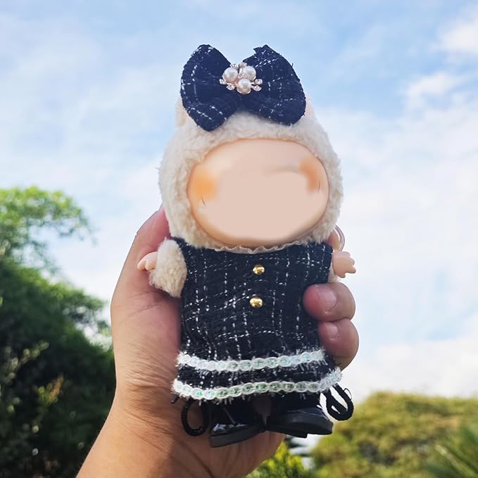 17cm Doll Clothes and Shoes Set, Cute Girls Outfits and Leather Shoes, 4 PCS Black Chic Dress Stylish Outfits Exquisite Accessories