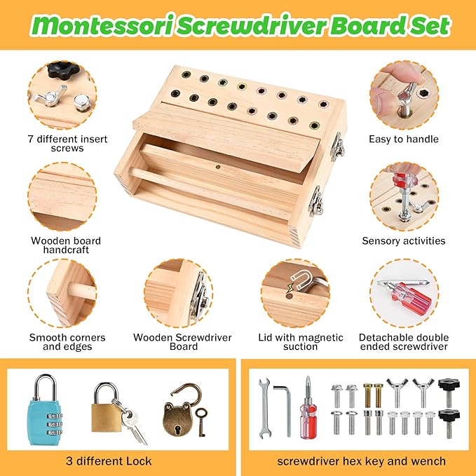 Wooderma Montessori Screwdriver Board Set, with Lock and Key, Wooden Montessori Toys for 3 4 5, Toddler Screwdriver Toy, Kids Tool Set, Preschool Learning Sensory Toy, Fine Motor Skills Toys