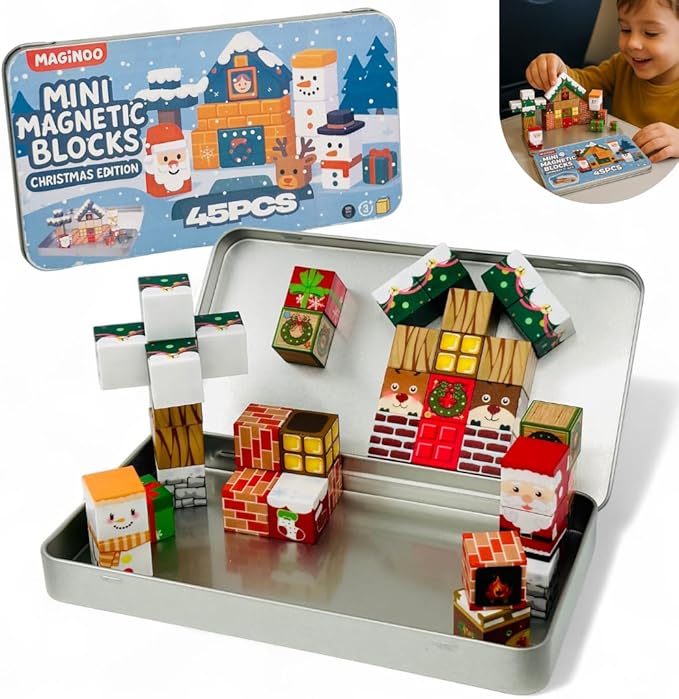 45PCS Mini Magnetic Blocks Christmas Set – Holiday STEM Building Cubes for Kids, Educational Travel Magnet Toy with Iron Box, Creative & Safe Gift for Boys & Girls Ages 3–8